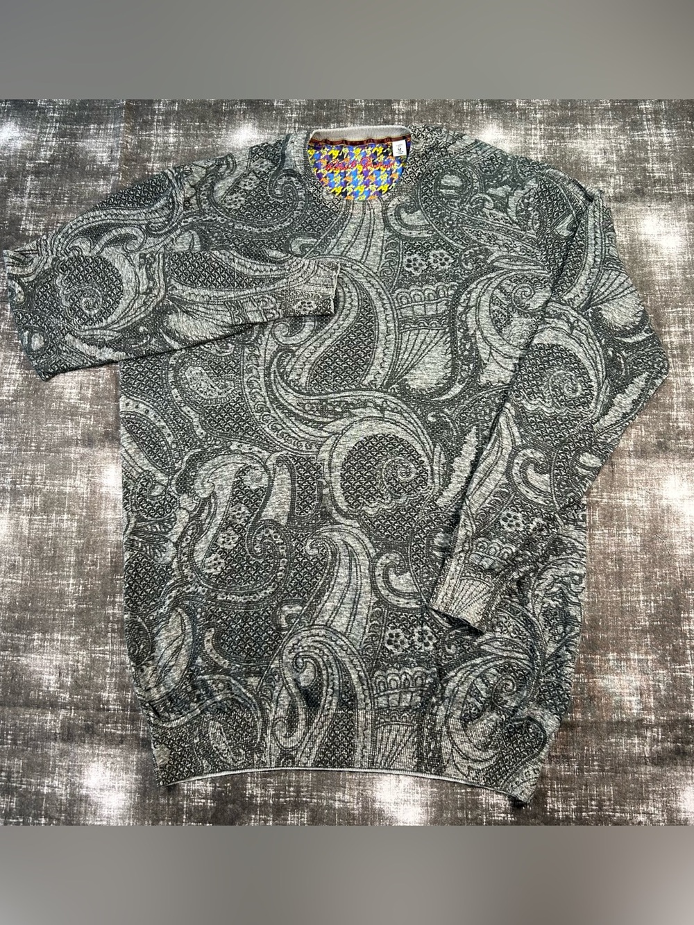 Robert Graham Sweatshirt Mens Medium Gray Linen Paisley AOP Jacquard Houndstooth